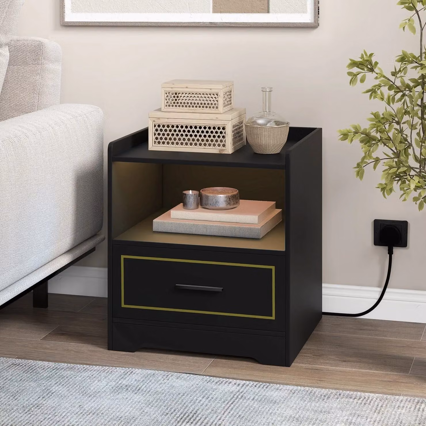 Gymax Smart LED Nightstand with Integrated Lighting and Drawer, Black – 3