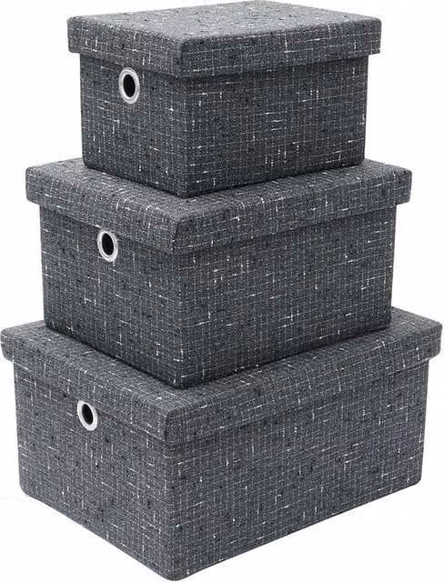 JVL Shadow Rectangular Fabric Storage Baskets with Lids and Handles, Set of 3, Grey – 1