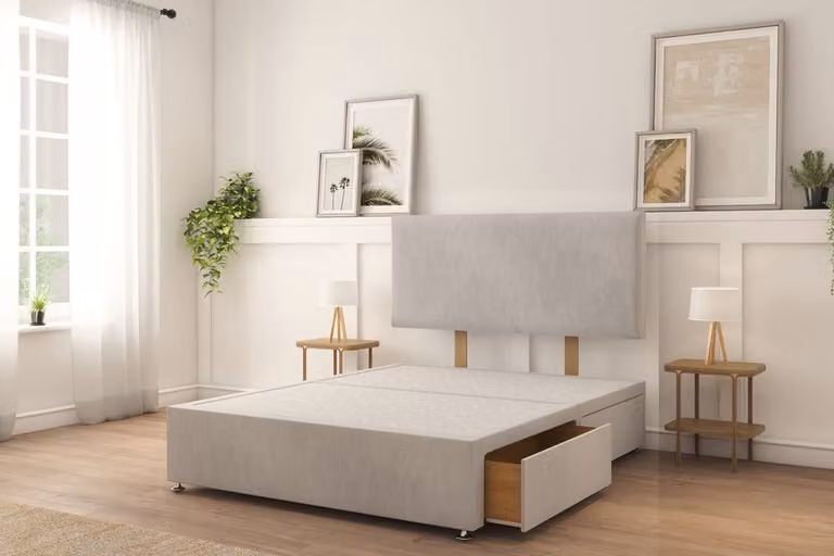 Sloomy Ashford Naples Single Divan Bed Set with 2 Same Side Drawers and 26 inch Strutted Headboard in Grey Velvet, W/D/H: 90 x 200 cm