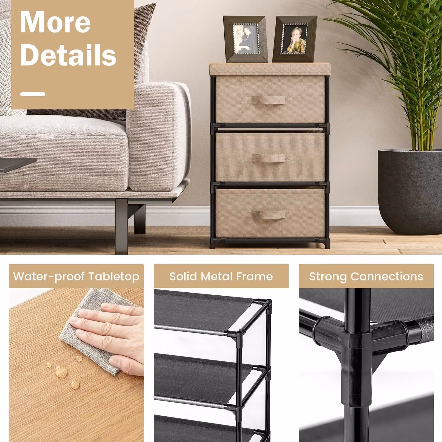 Costway 3-Tier Fabric Dresser and Nightstand Organizer with Metal Frame in Brown and Beige – 4