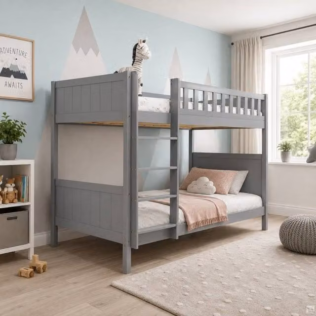 Stratus Interiors Louis Solid Wood Bunk Bed Frame with Stairs in Grey and White