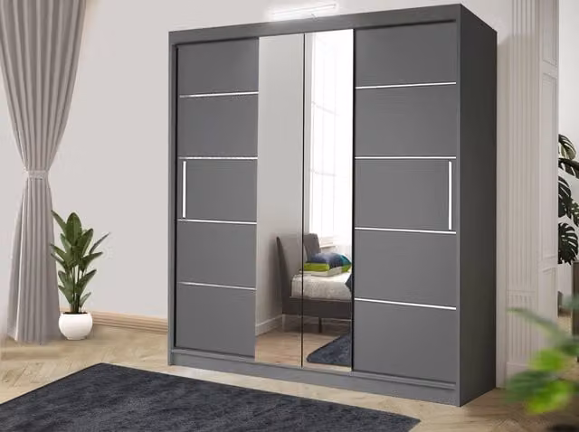 RAC3 Oslo Modern Grey Matt Sliding Bedroom Wardrobe with LED Lighting, Mirror and Internal Drawers, Width: 180 cm