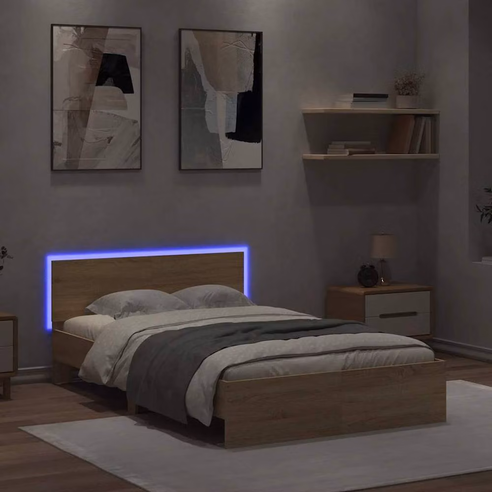 Berkfield Home Modern Bed Frame with Headboard, LED Under-Bed Lighting and USB Charging Port, Sonoma Oak, Brown, W: 140 cm, L: 200 cm – 2
