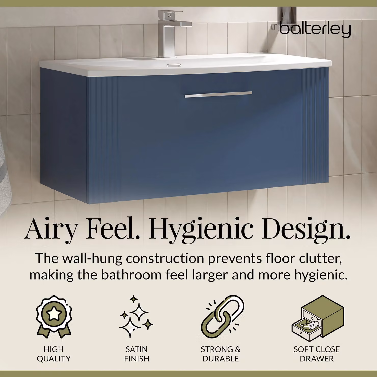 Balterley Wall Hung 1 Drawer Vanity Unit with Curved Basin, Satin Blue, Width: 80 cm – 3