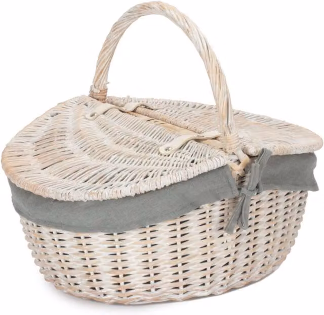Red Hamper Oval Wicker Picnic Basket with White Wash Finish and Grey Lining
