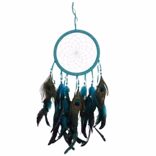 Something Different Turquoise Peacock Feather Dreamcatcher, W: 58 cm, H: 22 cm, D: 22 cm
