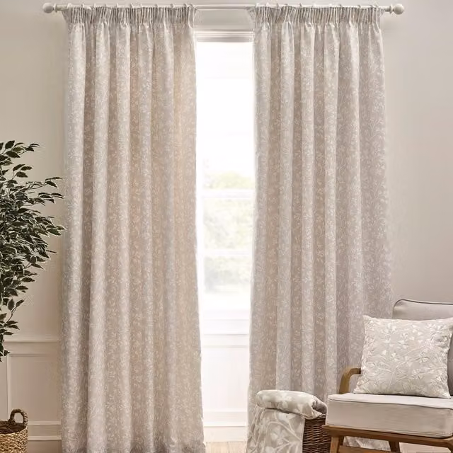 Catherine Lansfield Brooke Floral Ready Made Pencil Pleat Curtains in White and Beige