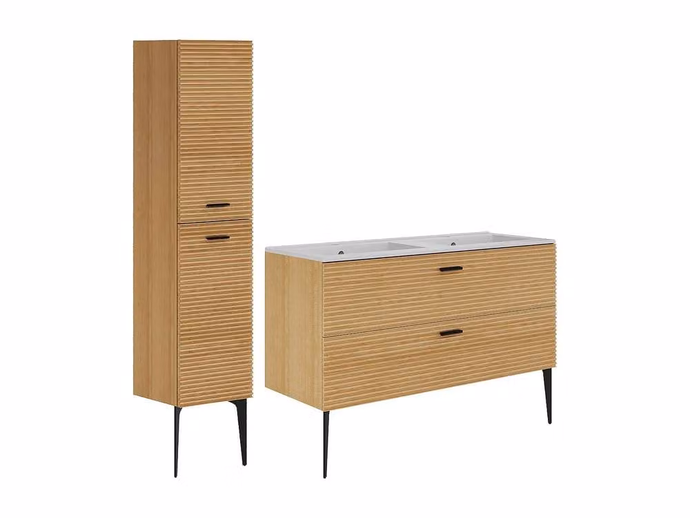 Vente-unique Fluted Freestanding Bathroom Vanity Unit with Inset Basin and Tall Cabinet in Light Oak, W/D/H: 120 x 46 x 55 cm – 2