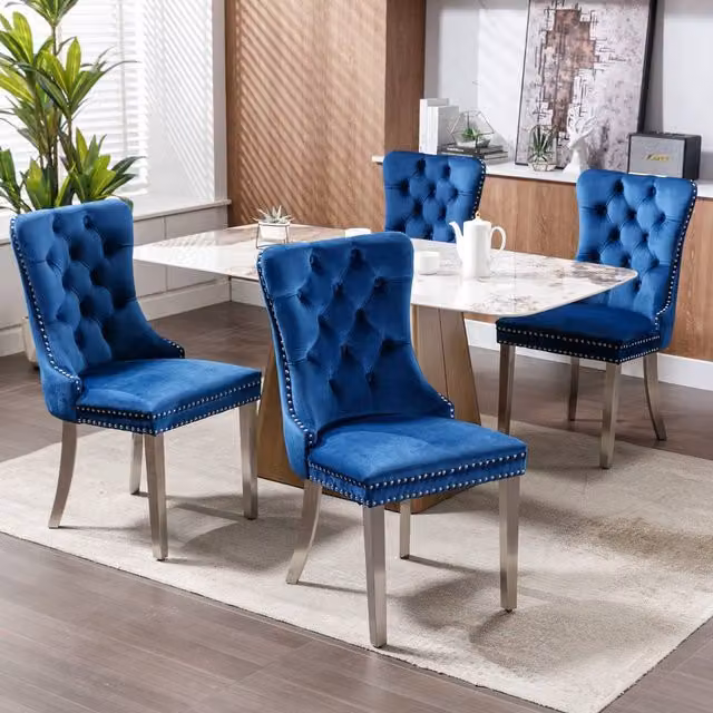 Modern Home Touch Winchester Set of 4 Blue Velvet Upholstered Dining Chairs with Silver Chrome Legs