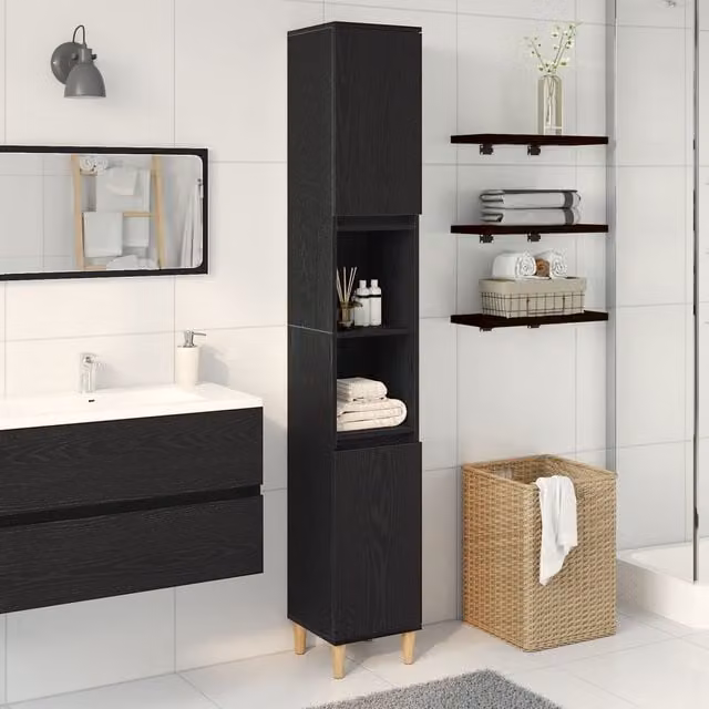 Berkfield Home Black Oak Bathroom Cabinet with Internal Shelves and Hinged Doors, W/D/H: 30 x 30 x 190 cm