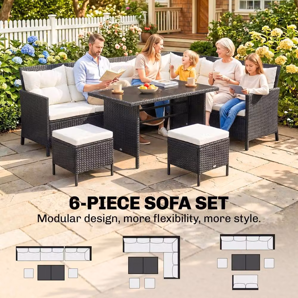 Outsunny 6 Piece Modern Rattan Garden Sofa Set with Cushions in Black and Grey – 4