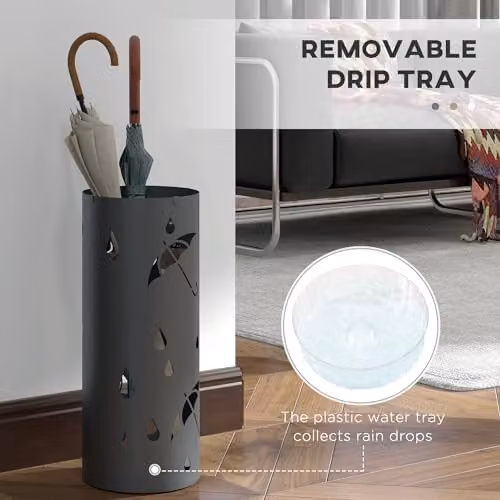 HOMCOM Metal Umbrella Stand with Removable Tray in Grey – 5