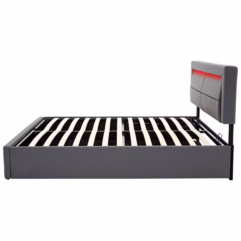 BTM Grey Upholstered Double Bed with USB Charging, LED Lighting and Lift-Up Storage, W/D/H: 140 x 190 x 135 cm – 4