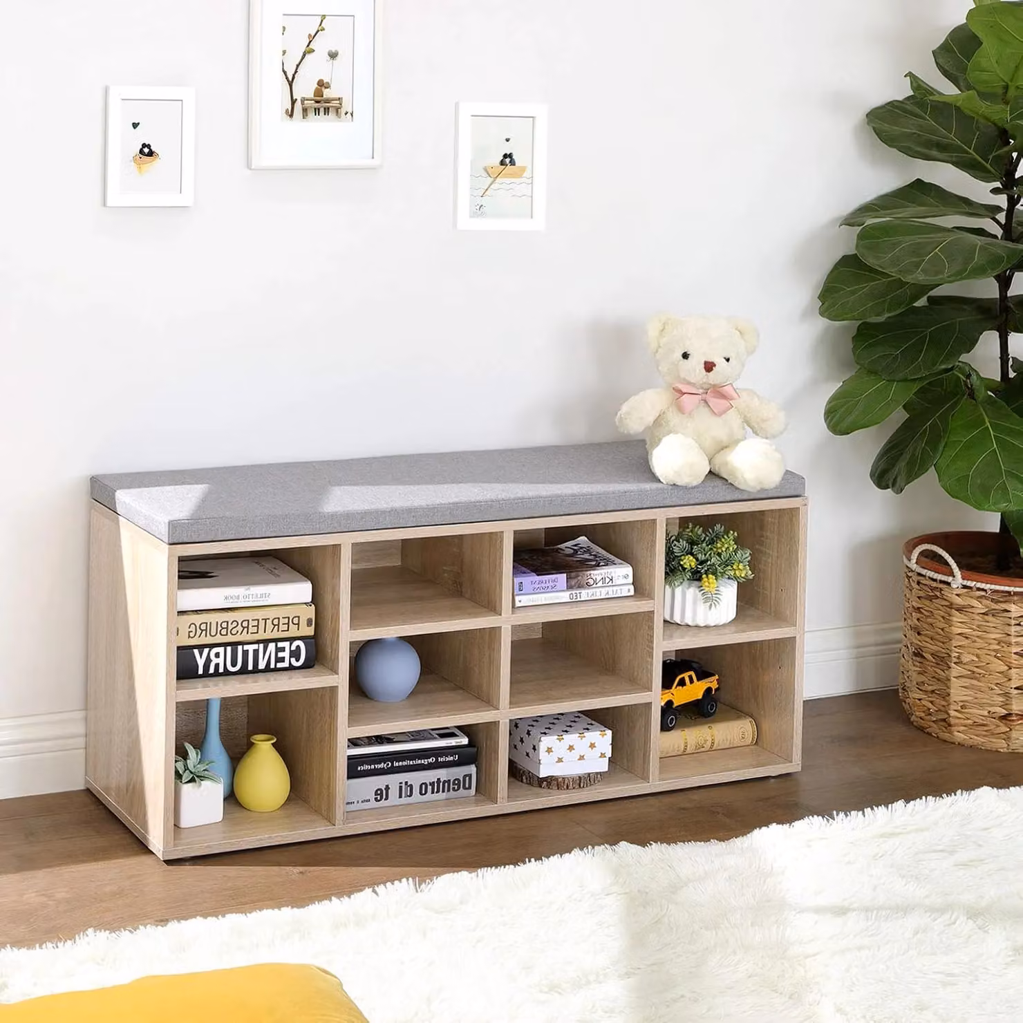 VASAGLE 10 Compartment Shoe Bench Storage Unit with Grey Fabric Cushion in Natural Wood – 2