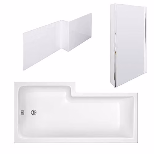 Nuie SBATH29 Modern Square Right Hand Shower Bath with Quattro Bath Screen and Side Panel, White, W: 1500 mm, D: 850 mm – 1