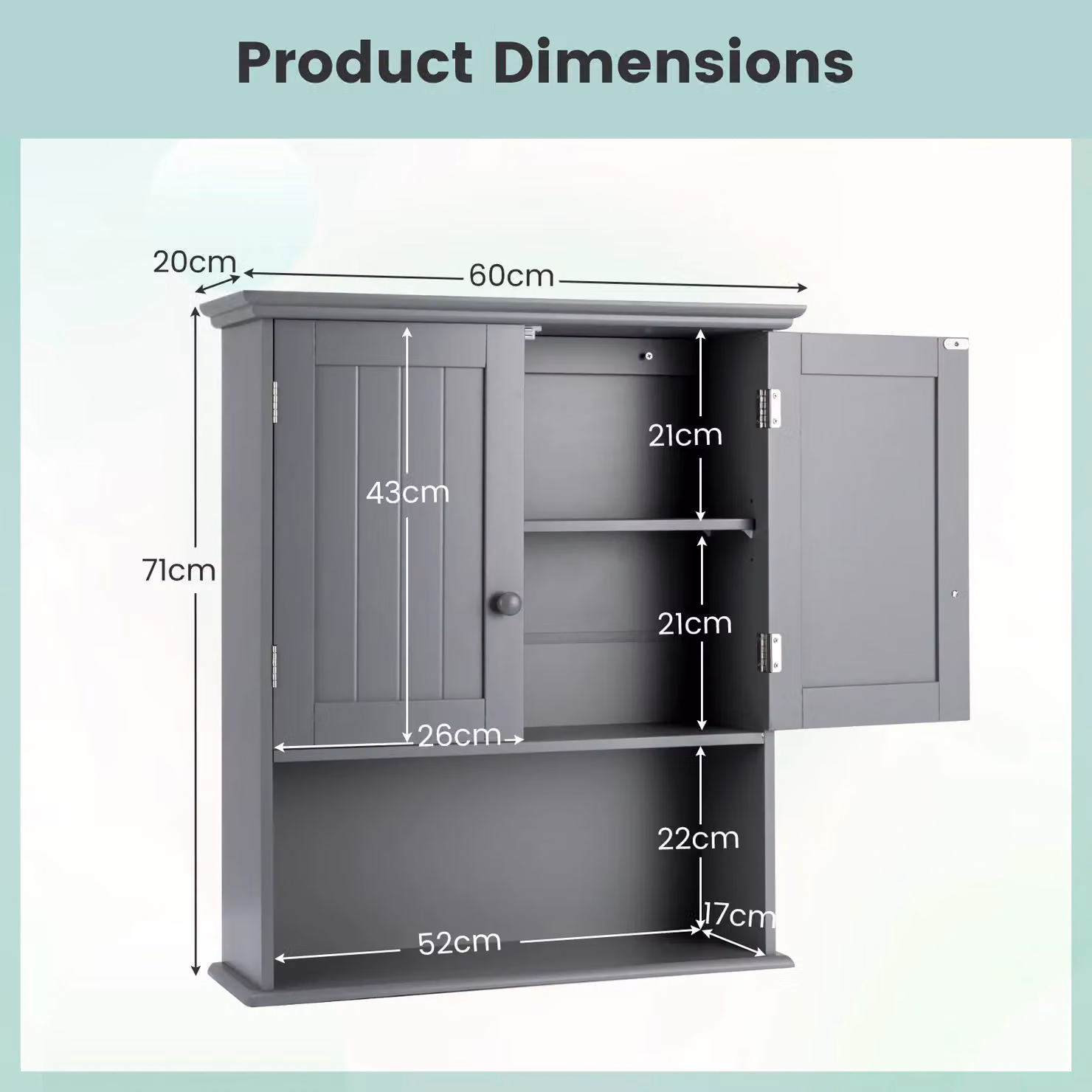 Costway Grey Wall Mounted Bathroom Storage Cabinet with Internal Shelves and Hinged Doors – 2