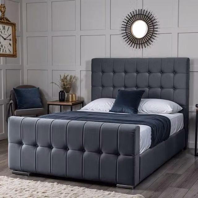 UK Bed Furniture Orlando Modern Upholstered Bed with Geometric Fabric Frame in Grey, W/D/H: 180 x 200 cm