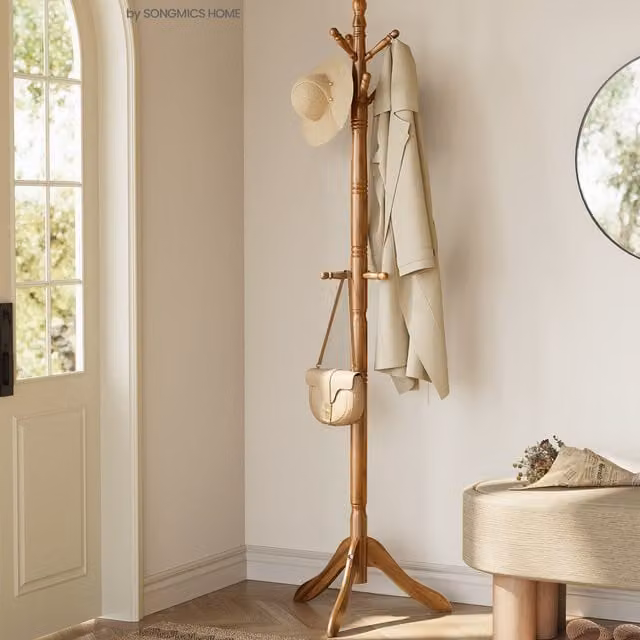 VASAGLE Caramel Brown Coat Rack Stand with 10 Hooks and Tripod Base