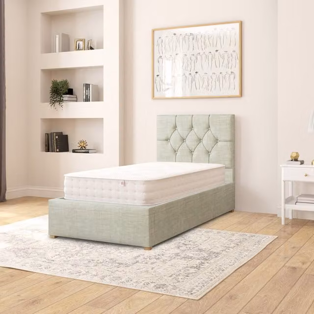 Aspire Olivier Upholstered Fabric Ottoman Storage Bed in Blue/Green, W/D/H: 90 x 190 cm