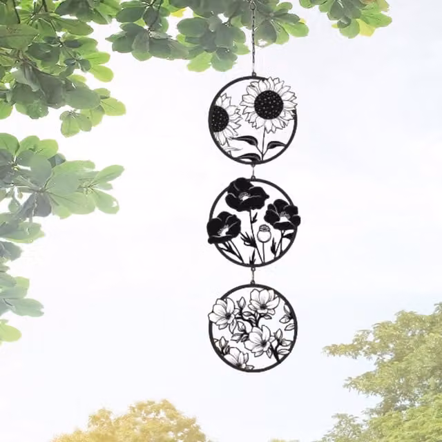 Betley Butterfly Floral Flower Hanging Silhouette Trio Metal Wind Spinner Ornament in Black