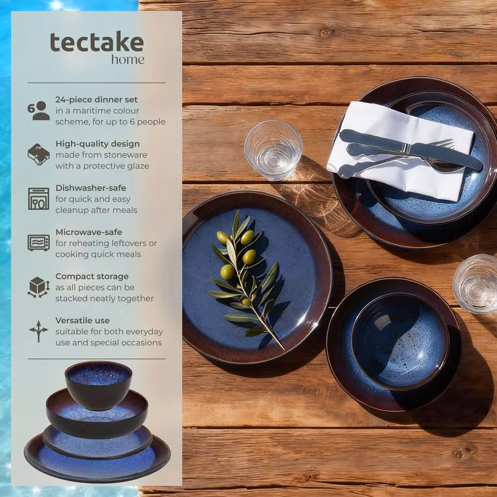 tectake Mare Blue Glazed Stoneware Dinner Set for 6 People – 2