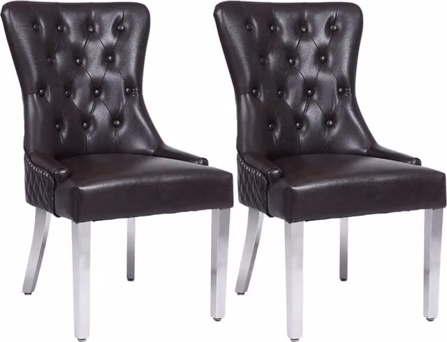 Modernique Pair of Aire High Back Dining Chairs in Brown Leather with Chrome Legs