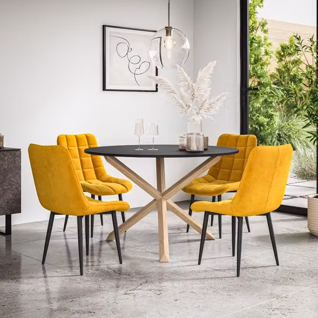 More4Homes Malvern Round Dining Table with Black Top and Solid Oak Legs and Set of 4 Nova Velvet Dining Chairs in Mustard and Black, Diameter: 120 cm, Height: 75 cm – 1