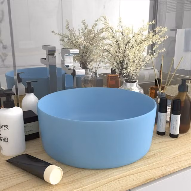 Berkfield Home Luxury Round Ceramic Wash Basin in Matt Light Blue, W: 40 cm, D: 15 cm, H: 15 cm