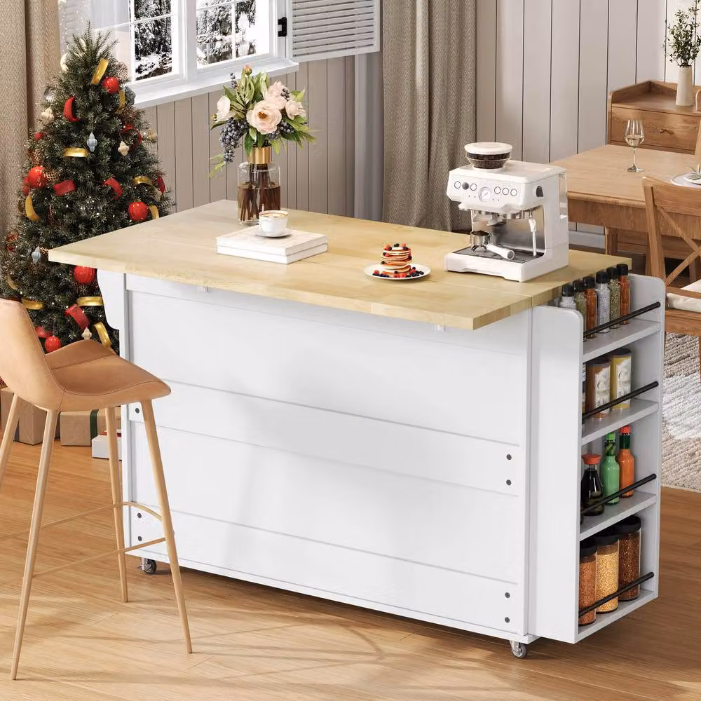 Merax White Mobile Kitchen Island Storage Cabinet with Glass Doors and Foldable Worktop – 6
