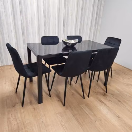 Kosy Koala Black Glass Rectangular Dining Table and 6 Black Velvet Chairs Set – 1