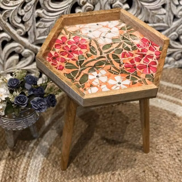Hartsmede Handmade Hexagonal Mosaic Side Table in Red and Multicolour, W/D/H: 36 x 36 x 47 cm