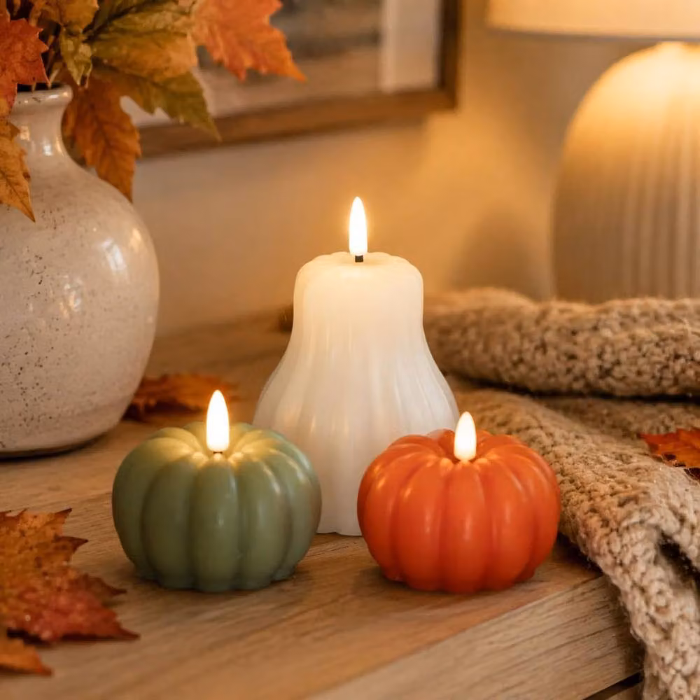 Marco Paul Set of 3 Autumn Flameless LED Wax Candles in Orange, Green and White with Timer – 3