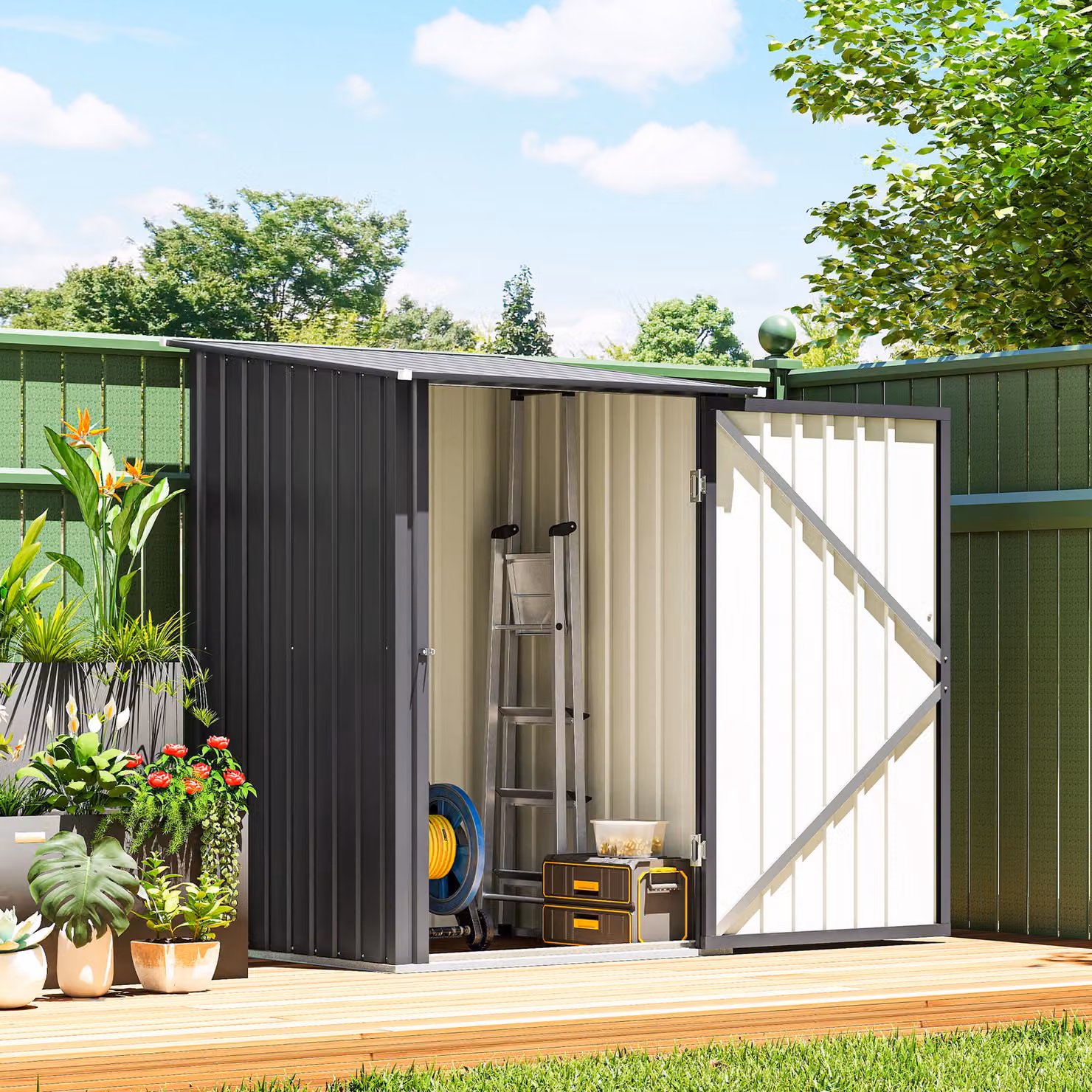 Outsunny Dark Grey Galvanised Steel Lean To Pent Garden Shed with Locking Single Door – 8