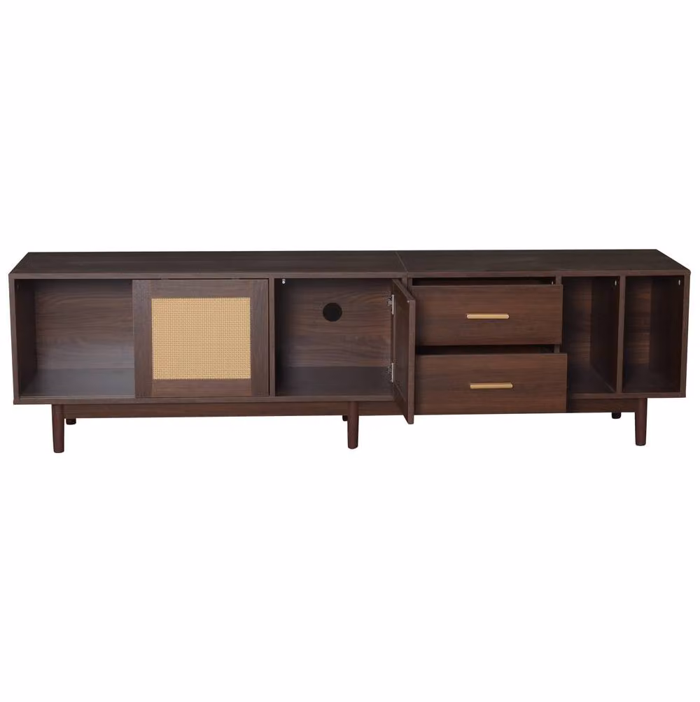 STILVORA Mid-Century Brown TV Stand with 2 Drawers and Rattan Sliding Doors, W: 190 cm, D: 40 cm, H: 52 cm – 6
