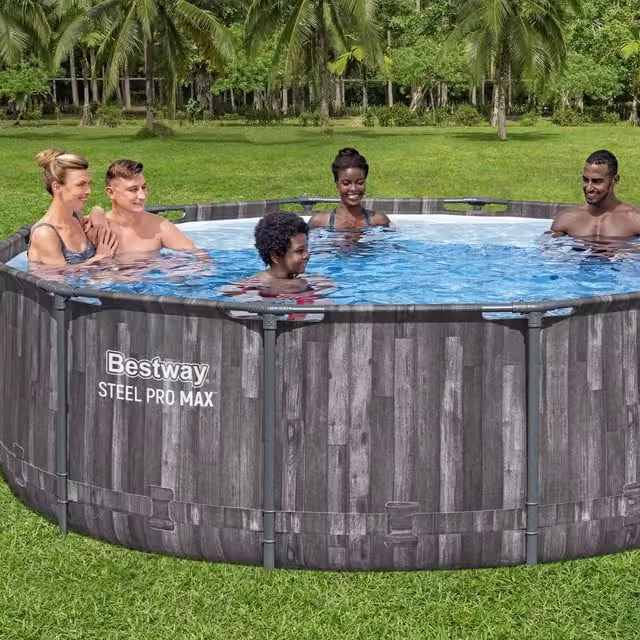 Bestway Steel Pro MAX Round Pool Set with Pump in Brown and Grey Wood Print