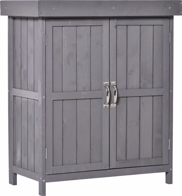Outsunny Grey Wooden Garden Storage Shed and Tool Cabinet Organiser with Shelves and Two Hinged Doors, W: 74 cm, D: 43 cm, H: 88 cm