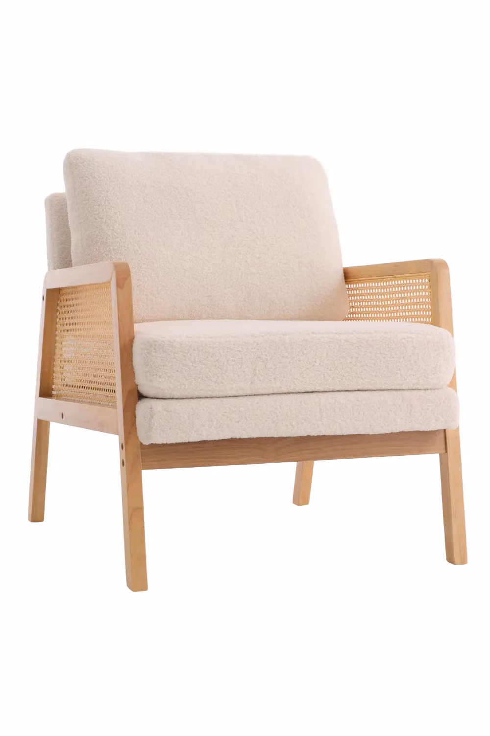 Livingandhome White Teddy Fur Rattan Armchair with Solid Wood Frame and Armrests – 2