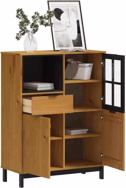 Berkfield Home FLAM Highboard in Brown Solid Pine with Glass Doors, W/D/H: 92 x 40 x 122.5 cm