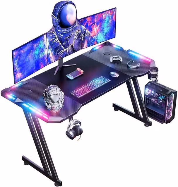FLAVORA Black Gaming Desk with RGB LED Lights, W: 140 cm, D: 60 cm – 1