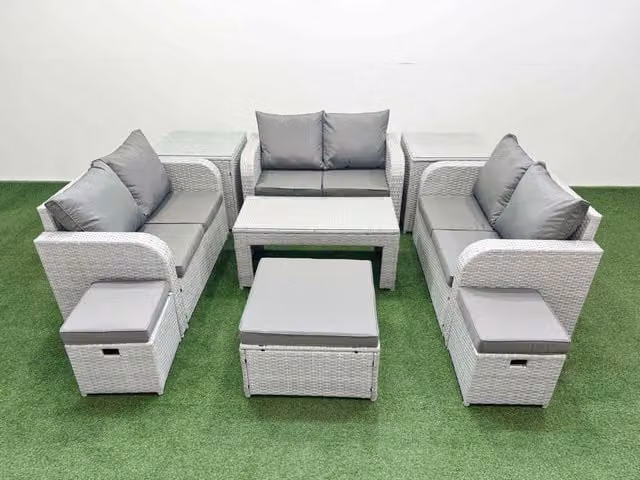 Fimous 9 Seater PE Wicker Rattan Garden Furniture Set in Light Grey with Oblong Coffee Table, 2 Seater Love Sofa, 3 Stools and 2 Side Tables