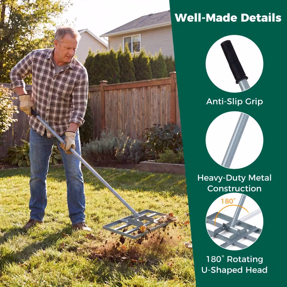 Costway Heavy-Duty Metal Lawn Leveling Rake with Adjustable Handle in Silver – 6
