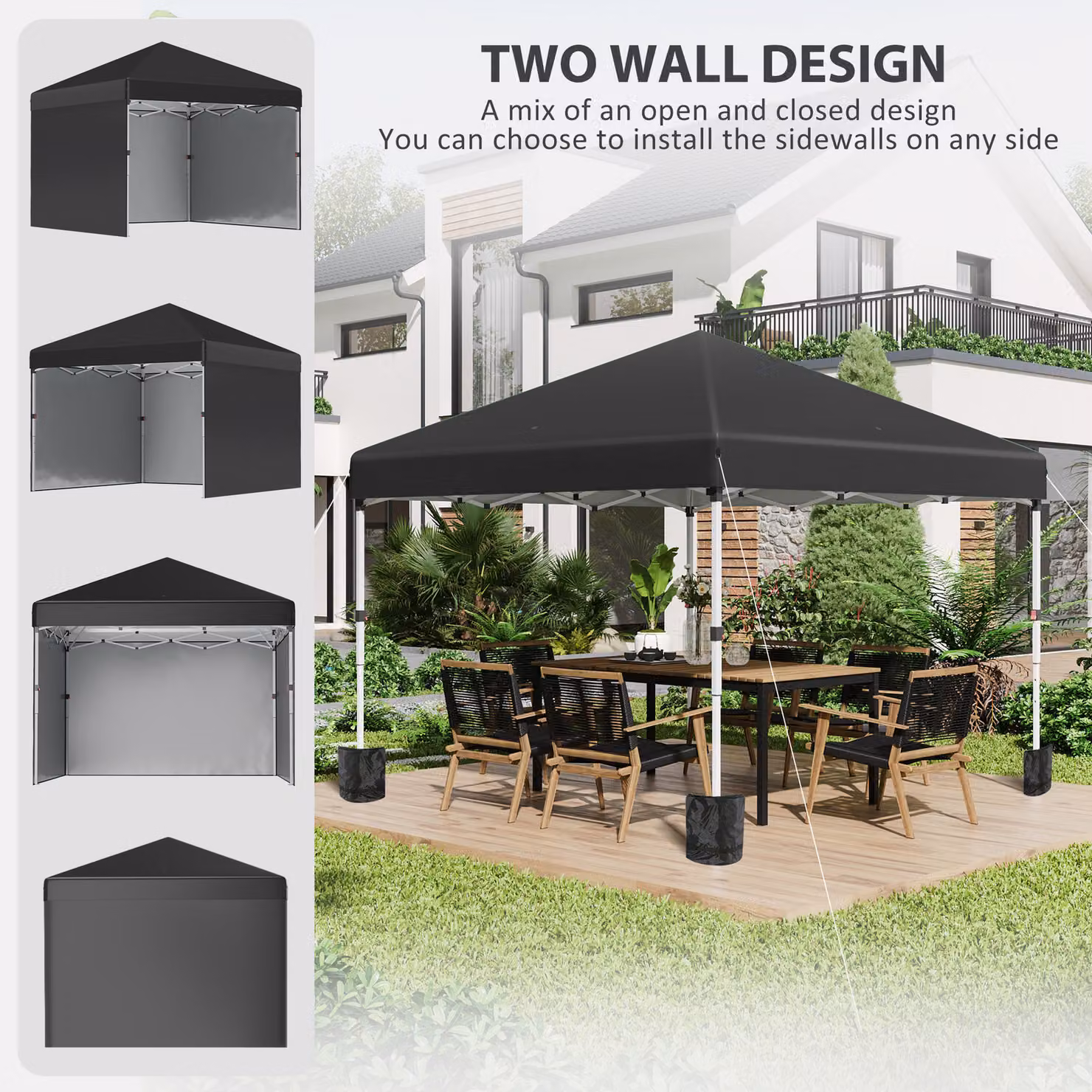 Outsunny Black Metal Frame Pop Up Event Shelter Gazebo with 2 Sidewalls, Weight Bags and Wheeled Bag, W: 300 cm, D: 300 cm, H: 285 cm – 4