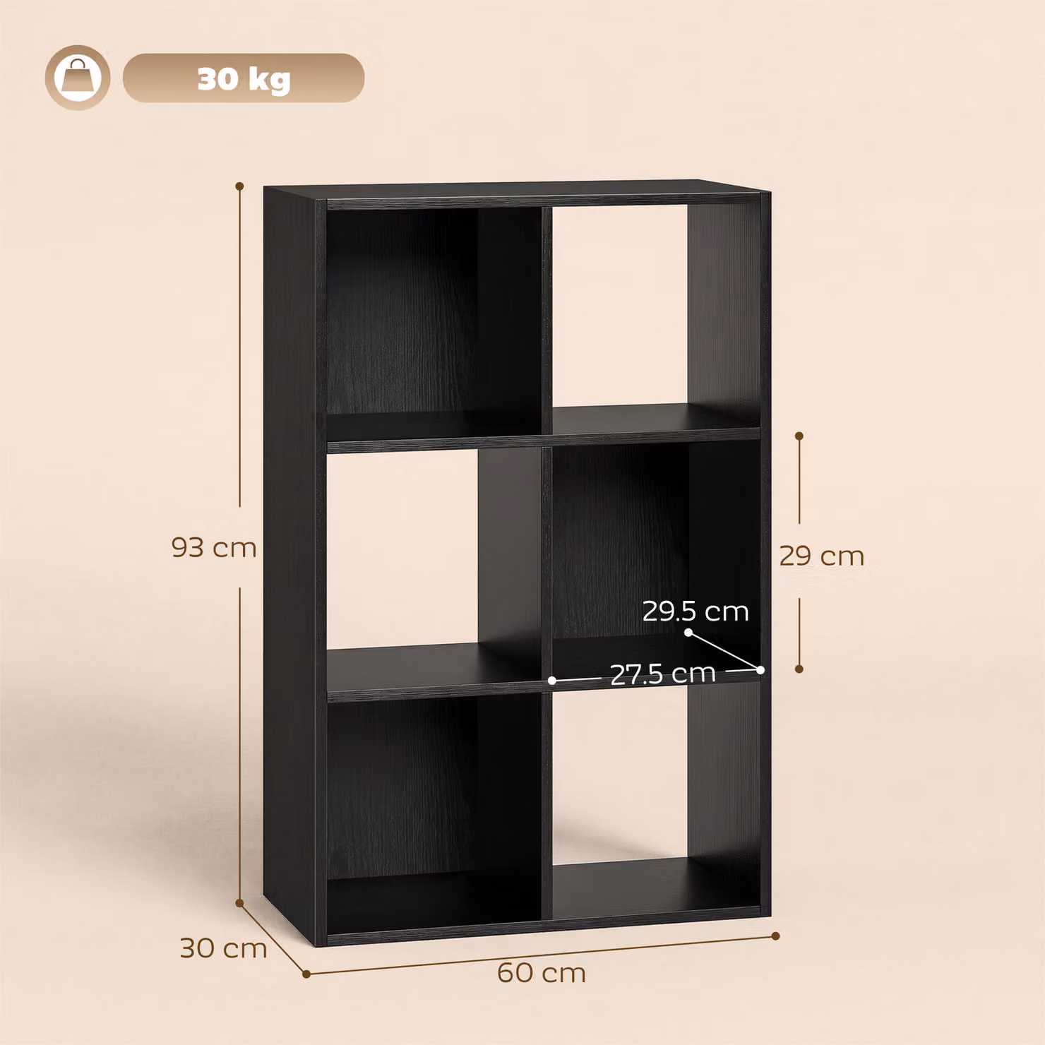 HOMCOM Industrial Style 6-Compartment Storage Shelf and Bookcase in Black Wood Effect – 3