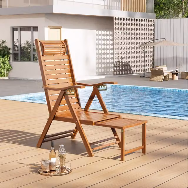 Livingandhome Bamboo Foldable Recliner Lounge Chair with Retractable Footrest in Brown