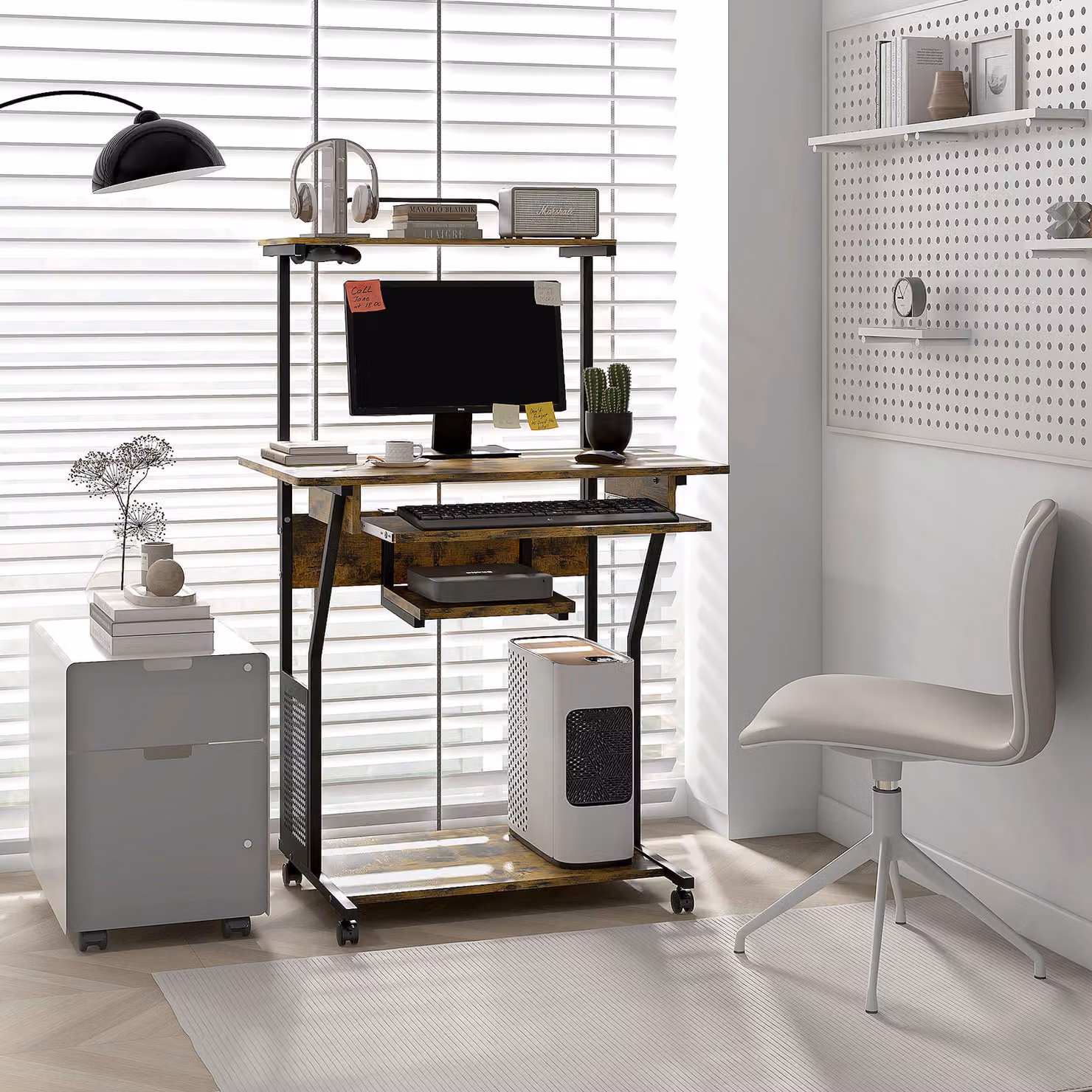 HOMCOM Mobile Computer Desk with Keyboard Tray and Storage Shelves in Rustic Brown – 2