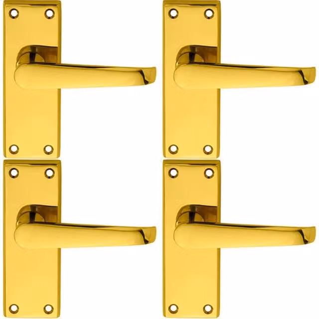 Loops 4x Pair Straight Handle on Short Latch Backplate, Polished Brass, W: 11.8 cm, H: 4.2 cm