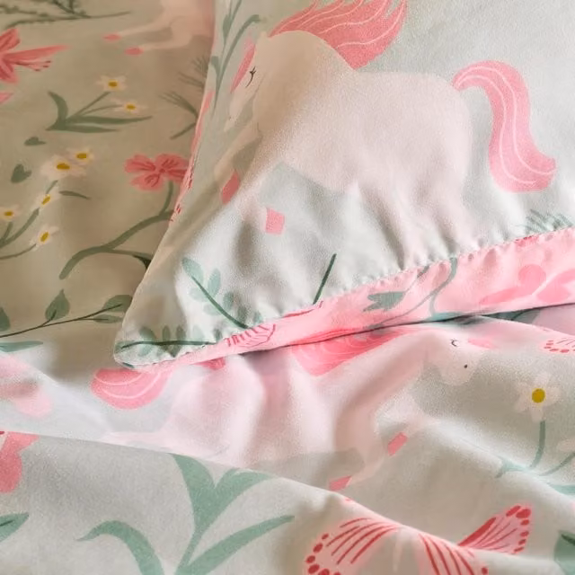 OHS Enchanted Unicorn Print Duvet Cover and Pillowcase Set in Sage and Pink