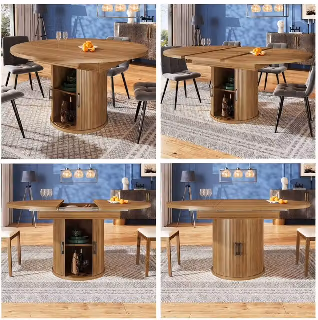 ModernLuxe Extendable Round 6-Seater Dining Table in Brown with Butterfly Leaf and Central Column, W/D/H: 118 x 118 x 75 cm