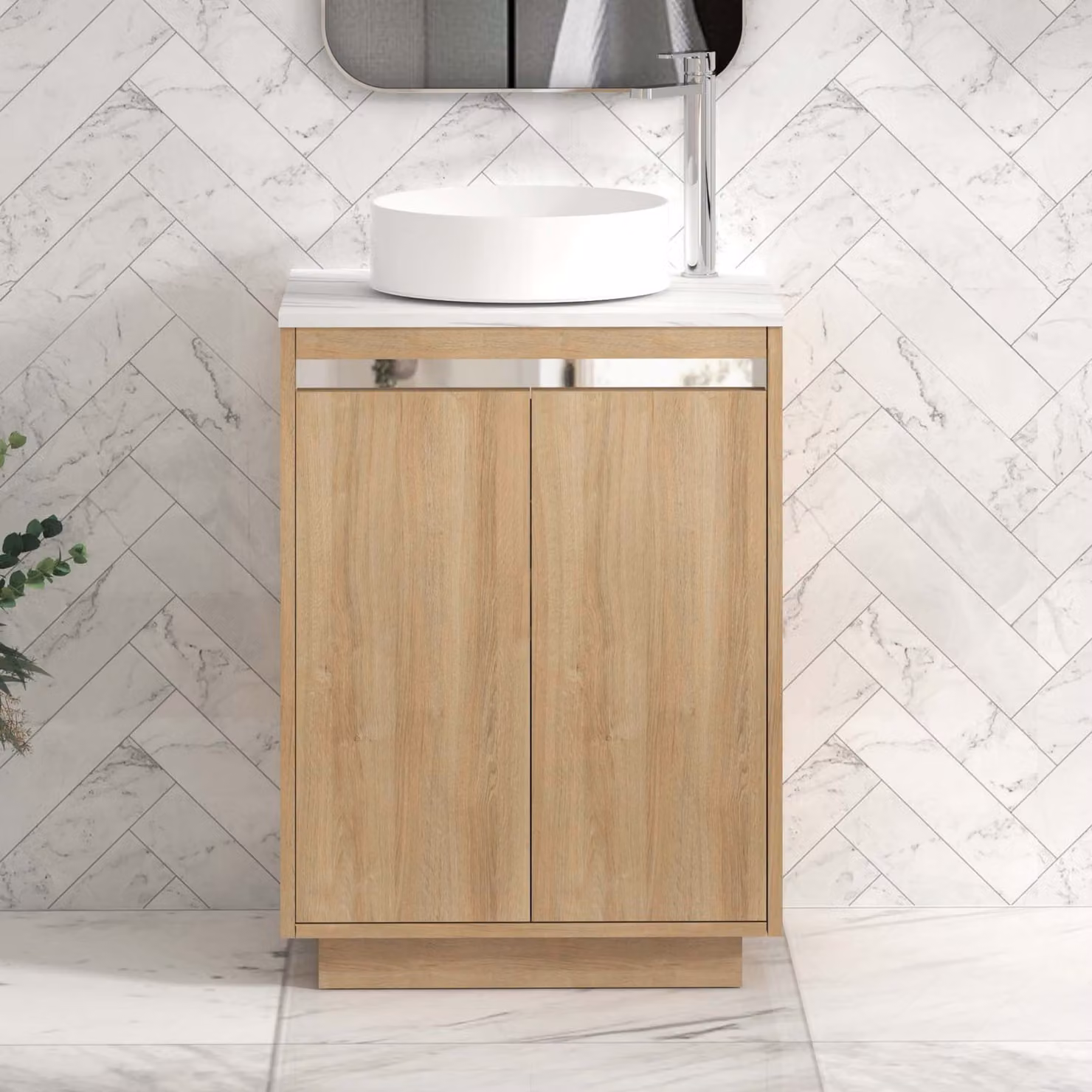 Royal Bathrooms Orion 2 Door Natural Oak Floor Standing Bathroom Vanity Unit with Carrara White Stone Top and Countertop Basin