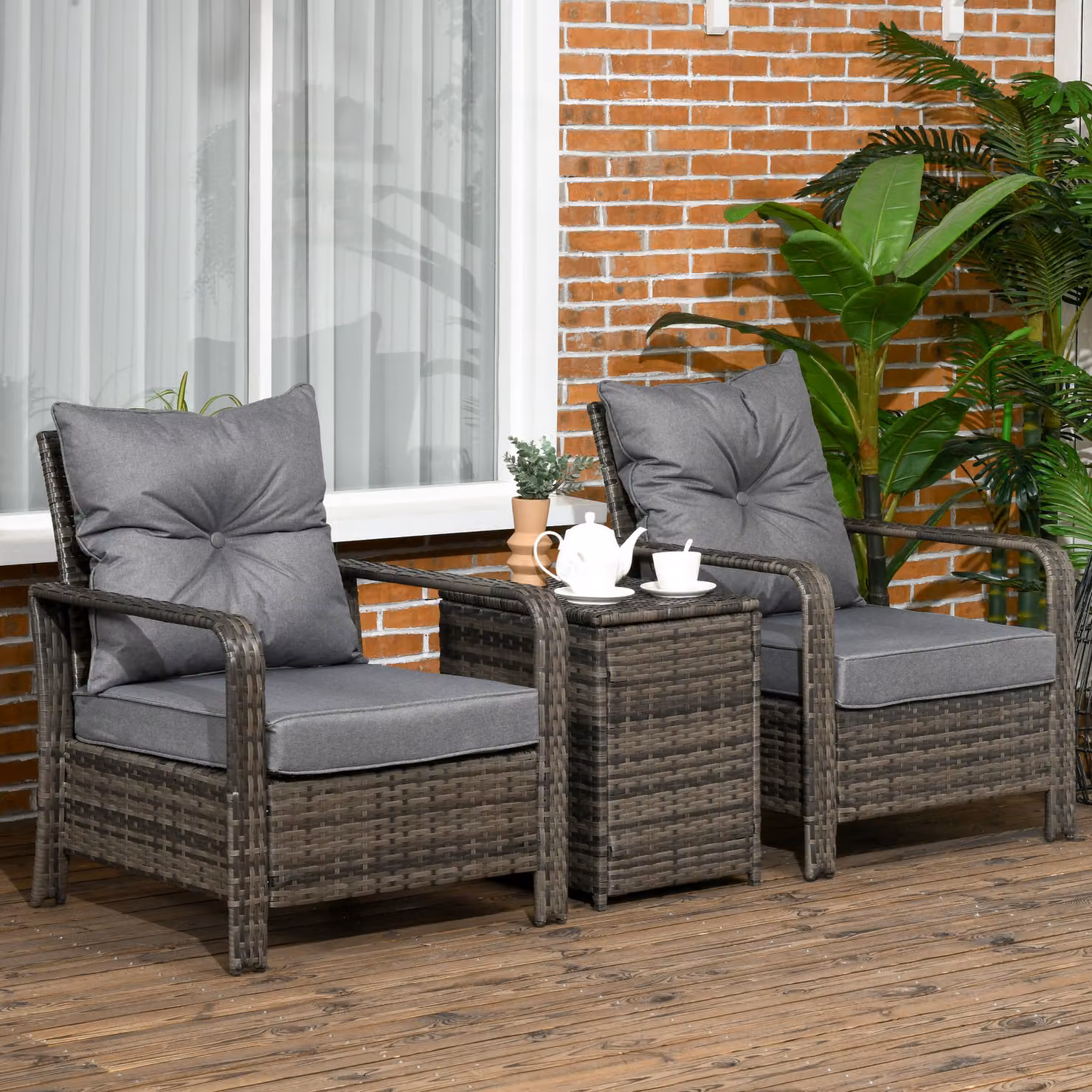 Outsunny 3 Piece PE Rattan Wicker Garden Bistro Set with Grey Cushions – 2